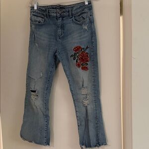 Distressed Light Blue Women's Jeans with Red Rose Embroidery